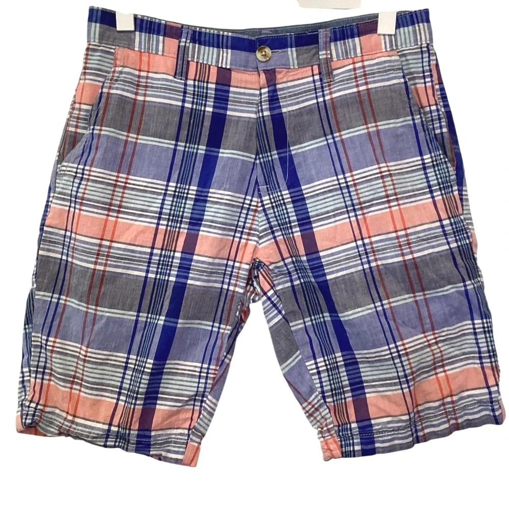 US‎ Polo Mens Shorts Plaid Madras Blue Grey Coral Green Flat Front Cotton - 30